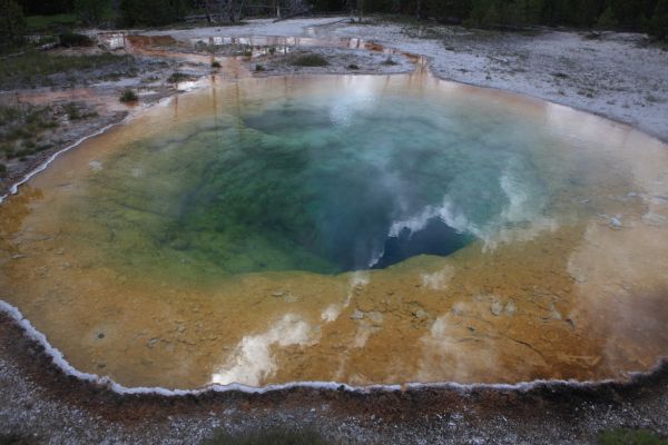 Morning Glory Pool with reflected clouds; Upper Geyser Basin.
