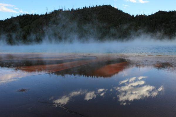 Grand Prismatic Spring is visible beyond the reflections in the shallow runoff pool in the foreground.  At 370-foot wide and 121-foot deep, it is the largest hot spring in Yellowstone; Midway Geyser Basin.
