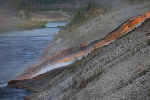 Runoff from the Excelsior Geyser pool into the Firehole River; Midway Geyser Basin.
