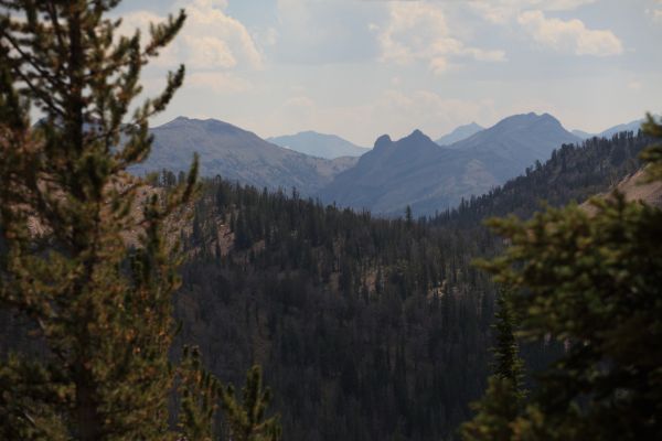 Peaks in distance rise above Germania Creek and the East Fork of the Salmon, southeast of Fourth of July Lake.
