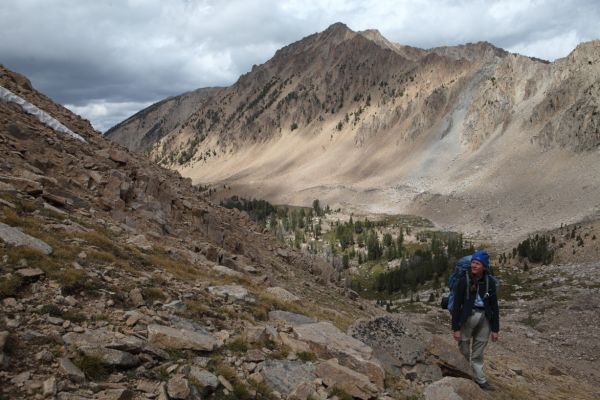 Ascending the gully to the saddle above Four Lakes Basin.  The higher of the Born Lakes can be seen in the valley below.
