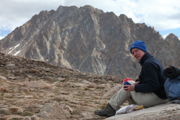 Below Castle Peak, the Professor puts together our first lunch installment; salami and cheese on sourdough baguette.
