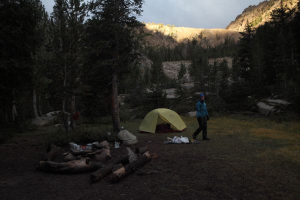 Just after 7:30 am, the sunlight works its way toward camp.  Rain caught us by surprise about 11 pm the evening before, and I welcomed the sunshine to dry things out.  Two more hours went by before direct sunlight finally warmed our camp.
