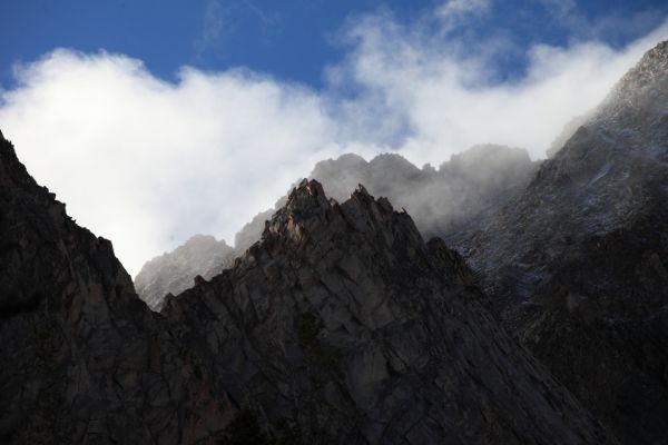 Clouds settle on the Serrate Ridge east, southeast of camp.
