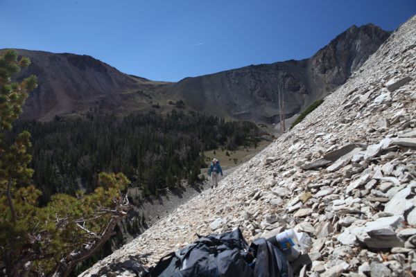 The exposed path to Castle Lake crosses a talus field above a cliff dropping off sharply into a canyon.  We day hiked here, since we had stayed below at the cabin, which made the climb to the lake much more enjoyable.
