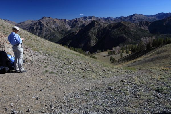 Photo time with the first view to the west toward Chamberlain Creek at the top of the 10,000' pass.
