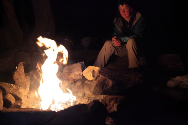 Enjoying the campfire at the middle Chamberlain Lake (9477') after roasting trout on a stick caught at Castle Lake earlier that day.
