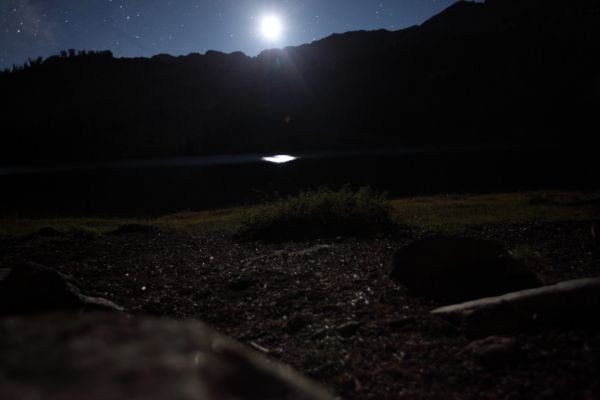 A thirty second exposure at the middle Chamberlain Lake (9477') as the full moon drops below the western horizon.
