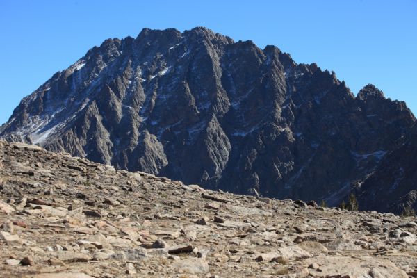 Castle peak comes into view to the southeast, from the wide saddle between Born Lakes and Four Lakes Basin.
