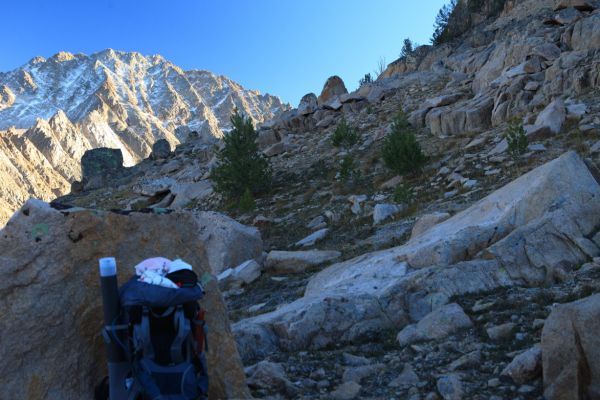 Descending to Scree Lake after staying high on the ridge southwest to avoid cliffs at the outlet.  Once more, I often photograph my route to avoid any doubt upon my return to Quiet Lake.  Ever-present Castle Peak looms above.  It is now 6:30 pm.
