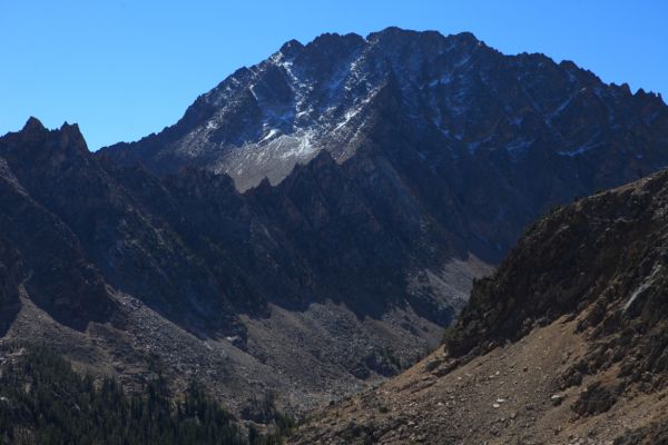 The north face of Castle Peak with Serrate Ridge in the foreground from the broad ridge northeast of Shallow Lake.  Down the drainage, hidden on the right is Quiet Lake.
