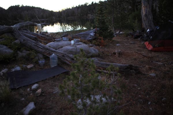 7 am at Hummock Lake.  The weather was clear and relatively warm, so I left the tent in star-gazing mode the evening before.
