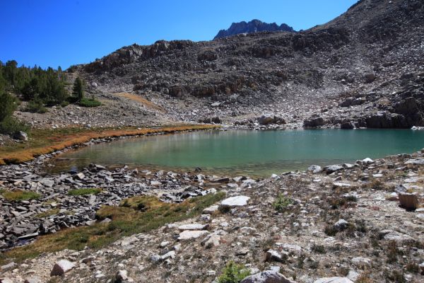 The north face of Castle Peak rising over the ridge beyond Rock Lake in Four Lakes Basin.  I fish several of the lakes in this basin, but only very small trout seem to be interested in the flies I cast.
