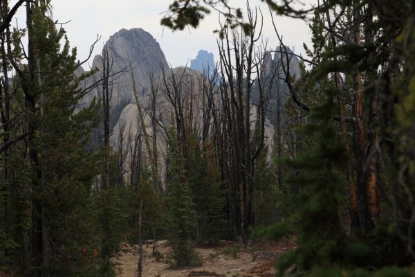 Smoke from the nearby 'Roaring Fire' northeast of Big Clear Lake obscures the view of Cathedral Rock (center) in the distance.
