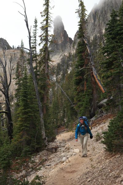 With the weather worsening, we get an early start hiking out.  Knuckle Peak is obscured by clouds.
