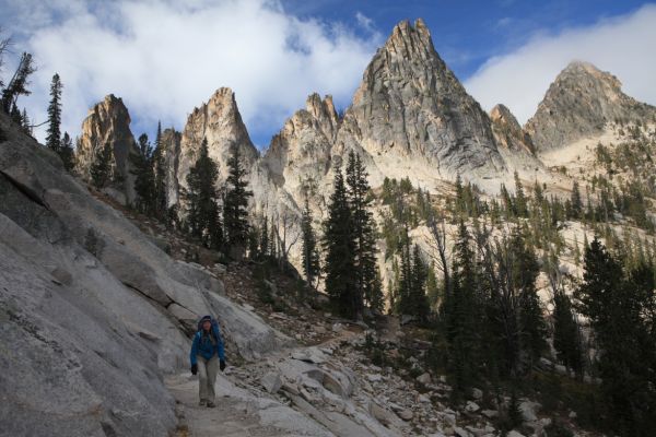 With the weather worsening, we get an early start hiking out.  Knuckle Peak is obscured by clouds.
