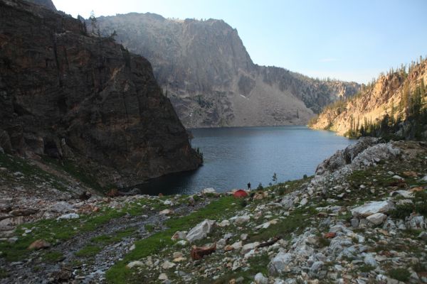 Tired, we arrive at the south end of Goat Lake, and watch someone reel in a nice sized trout from the inlet.
