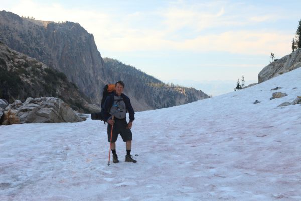 Mike pauses near the top of the snow couloir.
