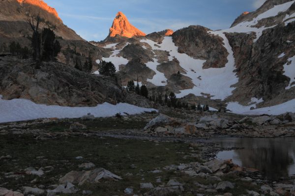 Thompson Peak basks in the alpenglow above our camp.
