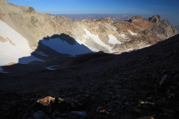 Thompson Peak casts its shadow into the valley from whence we came; from the Thompson Peak/Mickey's Spire saddle.
