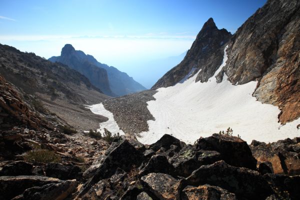 On the eastern horizon, barely visible through the haze, lies Castle Peak, just left of center.
