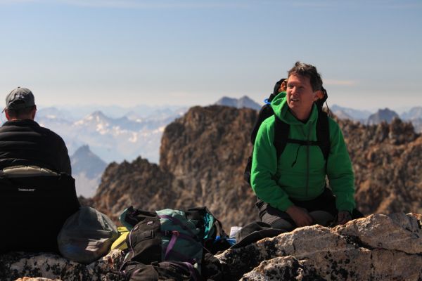 We hang out on the peak for another hour, taking photos, and wait for the crowd to descend.  Too much loose rock!
