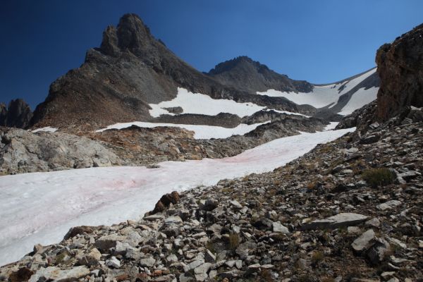 Looking back toward the Thompson Peak/Mickey's Spire saddle (center, behind arete leading down from Thompson).  We took advantage of the snow to expedite our descent.

