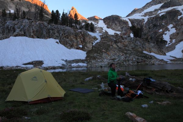 Alpenglow interrupts dinner again!  Photography trumps dinner.  Fleeting light such as this always sends me running for the camera.  It changes constantly, and is gone in minutes.  Thompson Peak stands majestically over our camp at 8900'.
