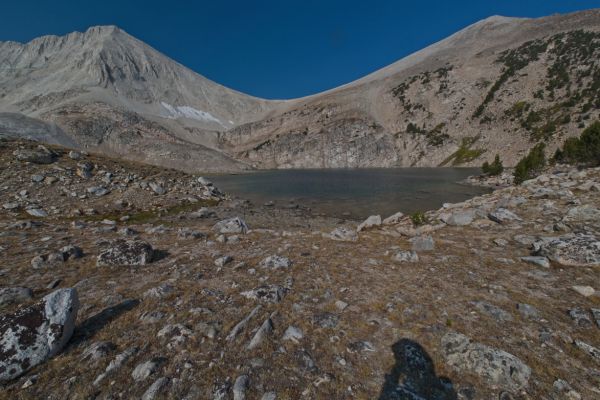 Arriving at Cirque Lake, the highest of the Big Boulder Lakes.  D. O. Lee Peak, my objective, on the left skyline.
