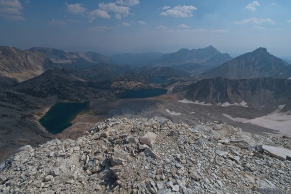 The view east of Big Boulder Lakes from the 13,342' summit of D. O. Lee Peak.
