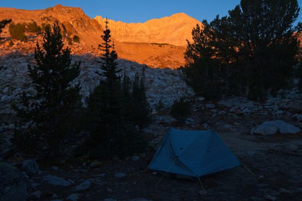 Morning alpenglow, D. O. Lee Peak from Cove Lake, Big Boulder Lakes.
