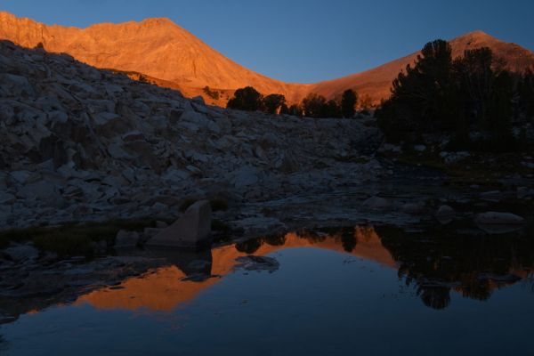 Morning alpenglow, D. O. Lee Peak and WCP-9 (right) from Cove Lake inlet, Big Boulder Lakes.
