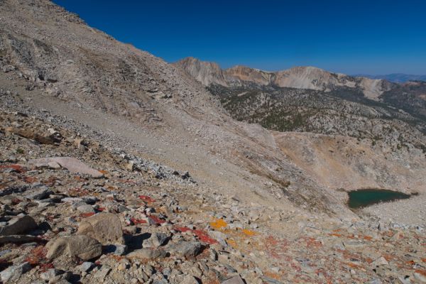 The view north from the low saddle between Peak 11072, the smaller, unnamed peak west of Peak 10,881.  The tarn is visible to the right.  This, I soon realized, was not the correct saddle to descend to Hummock lake.
