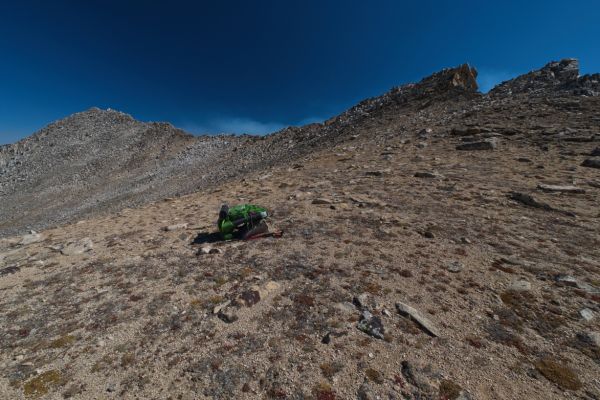 The correct "saddle" is really the notch further up the ridge to the east, which continues to Peak 10,881 (on the left).
