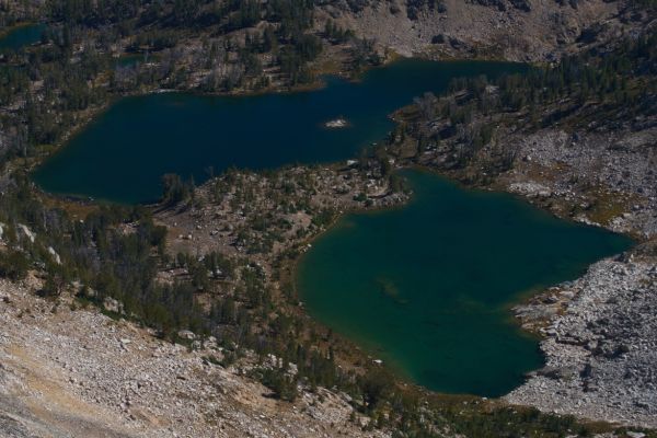 Hummock Lake and Hidden Lakes in the Boulder Chain Lakes seen from the 'correct' saddle; a notch on the ridge just west of Peak 10,881; a welcome site.
