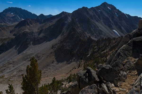 The ridge separating the Boulder Chain Lakes basin from the drainage west of Hidden and Hummock Lakes, emptying into Warm Springs Creek.
