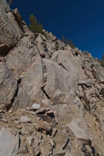 Looking back up toward the notch on the ridge just west of Peak 10,881.  The descent proved more difficult than I had imagined when I planned this loop, especially with a pack.  I was glad I was traveling ultra-light.  With careful route finding, it was reasonable, but I would not recommend this to someone lacking climbing experience.
