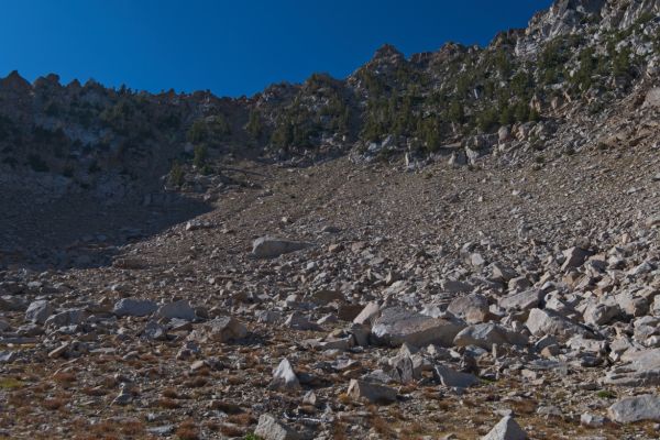 A wider view of the descent from the notch on the ridge just west of Peak 10,881.
