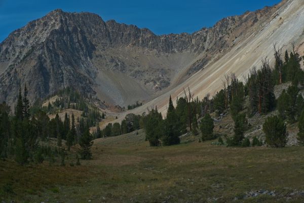 Watson Peak above Iron Basin.  The bighorn sheep were on the scree slope about one third from the right edge of the frame, and one third down from the top of the frame.
