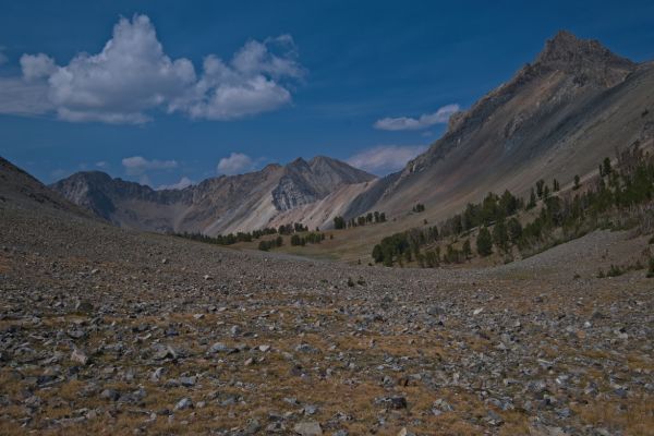 Looking west; Watson Peak on the left above Iron Basin.  I have not crossed any water since leaving camp.
