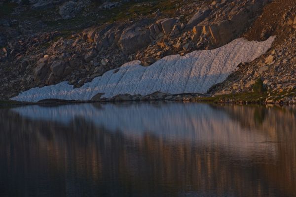 The perennial snowfield at the most westerly part of Cove Lake.  Note the fish ring on the right!
