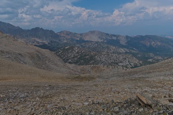 To the north, the ridge I ascended to avoid “side-hilling” in talus is seen west of Island Lake.  It might have taken longer, but was a much more pleasant route than that from Cove Lake, described in the Idaho Alpine Zone article, and the one taken in my first crossing between the two Boulder Lake basins two years prior.
