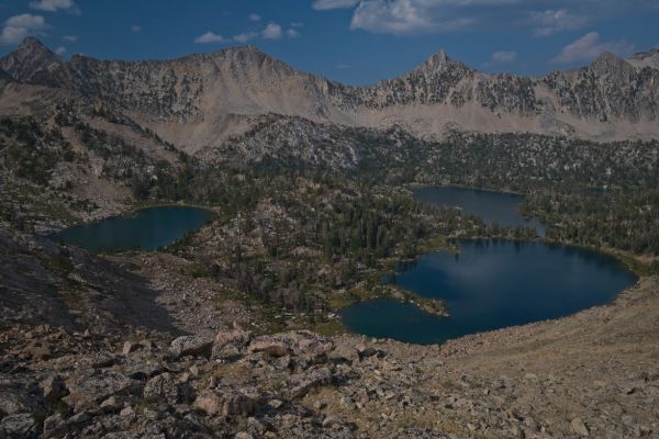 Headwall, Scoop, and Hummock Lakes; Boulder Chain Lakes basin from the south.
