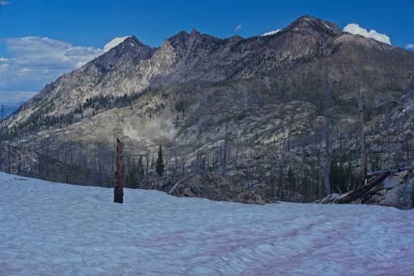 Looking N toward Stanley before McGown Lakes.  More snow on the north facing slopes.  More than I usually see this time of year, but not enough to impede travel in trail runners.
