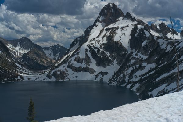 Mt. Regan above Sawtooth Lake from the saddle above the W side of lake.  We were blessed with a WSW breeze with gusts to 29 mph, and cumulous clouds, which kept the high down to 70, and made for some nice photo opportunities.
