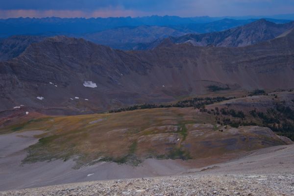 The view down, east-southeast, into the upper reaches of Bighorn Basin from the D. O. Lee/WCP-9 saddle.  The Sawtooth Range can be seen across the Sawtooth Valley.
