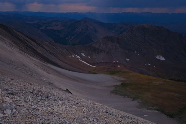 From the D. O. Lee/WCP-9 saddle, the view west-southwest beyond Ants Basin, across the Sawtooth Valley to the Sawtooth Range.  This is view is slightly further west than photo 495.
