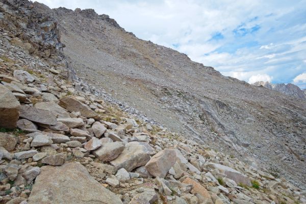 From the lower part of the saddle looking north.  Reaching this point involves crossing unstable rock.  I seek out the most stable sections, even it means climbing higher.  This photo and the next are primarily for route documentation.
