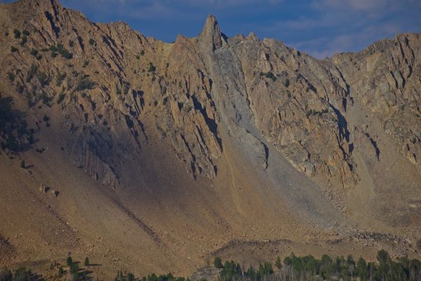 The “Devil’s Staircase”, west northwest from the ridge south of Ants Basin.  I descended the more northerly chute on the right.  The chute to the south is hidden behind a rock rib, and lies below the large shadow, just above the center of the frame, below the pinnacle.
