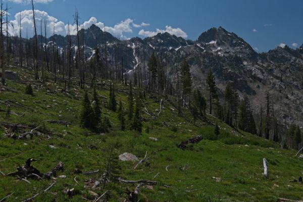 Tohobit Peak, left, and Grandjean Peak, right, on the Monte Verita ridge.  At 11:30 a.m., vertical development of cumulus over the ridge portends afternoon thundershowers.
